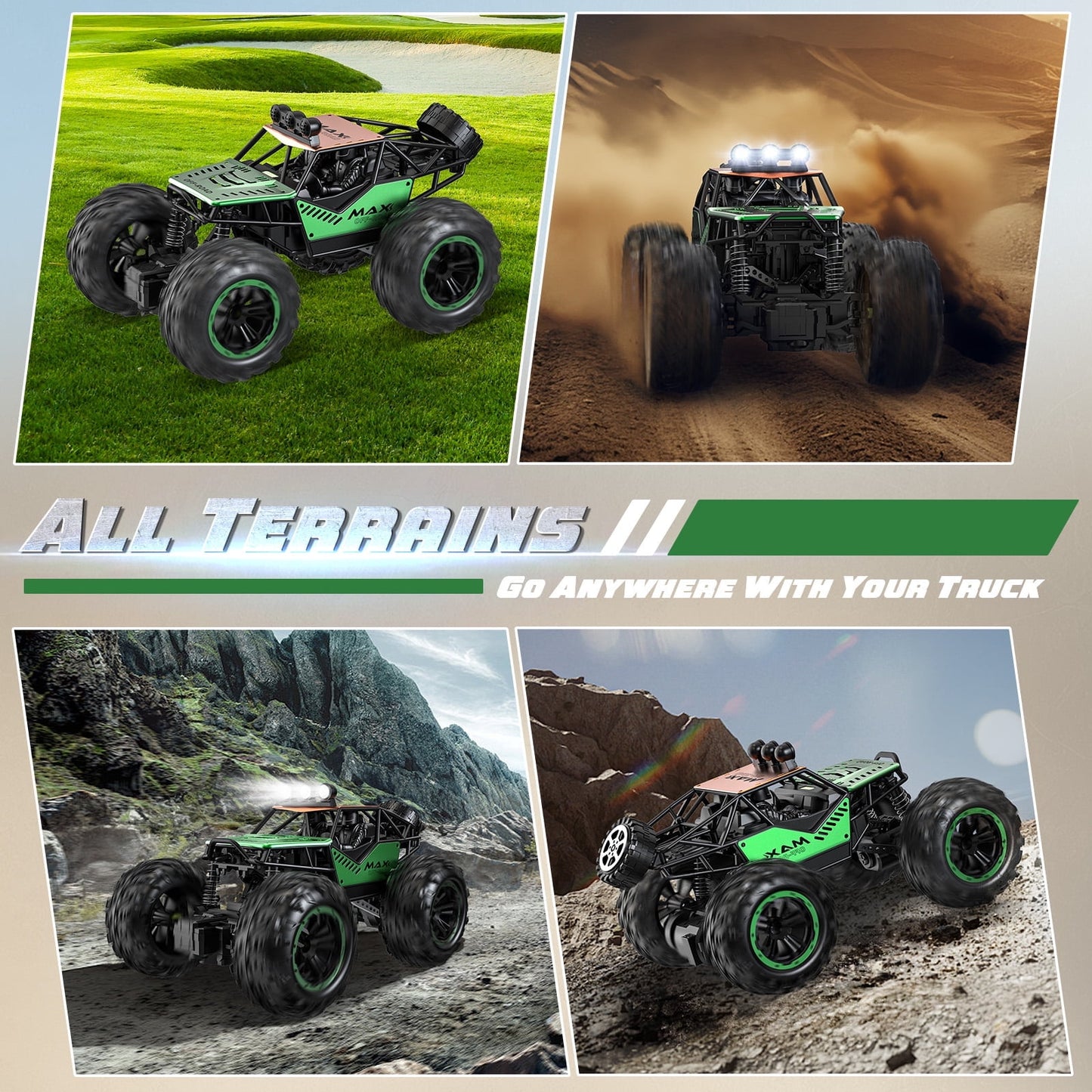 1:16 Scale Ready to Run Fast Remote Control Car, High Speed Jump RC Monster Truck, Off Road RC Cars, 4WD All Terrain RTR RC Truck with 2 LiPo Batteries for Boys and Adults