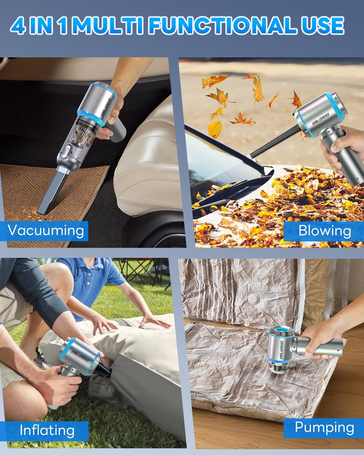 Car Vacuum Portable Cordless with Brushless Motor, 15000PA Powerful Suction and 4-in-1 Compressed Air Duster & Air Blower & Pump Handheld Vacuum Cordless,Vacuum for Home Pet Hair, Blue