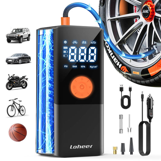 Loheer Tire Inflator Portable Air Compressor, Air Pump for Car Tires 150PSI Cordless with Battery and 12V DC, Electric Bike Pump with Pressure Gauge, Auto Shutoff, for Ball, Motorcycle