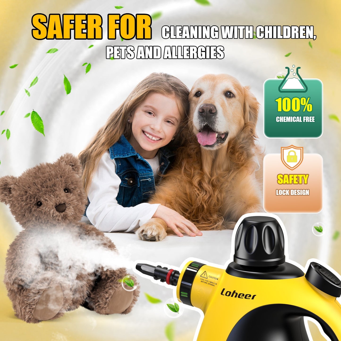 Loheer Pressurized Handheld Steam Cleaner for Home, 1200W Multi-Surface Steamer, 12.8oz Natural Steamer for Cleaning Car, Bathroom, Shower, Upholstery, Grout, Window, Grease