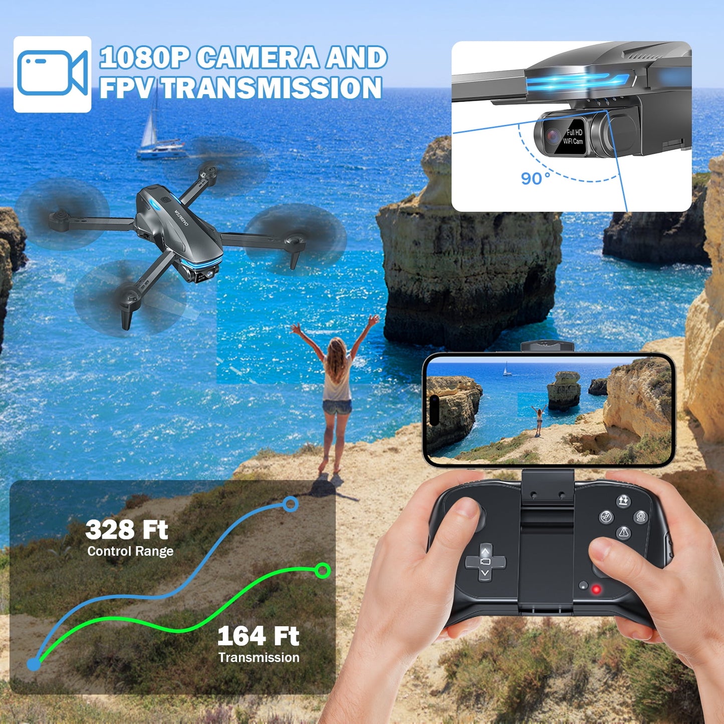 Drone With Camera 1080P for Kids And Adults, RC Quadcopter Drone with Altitude Hold, Mini Drone With One Key Start, Waypoint Fly, Headless Mode, 3D Flip, 3 Speeds, Remote Control Drone for Beginners