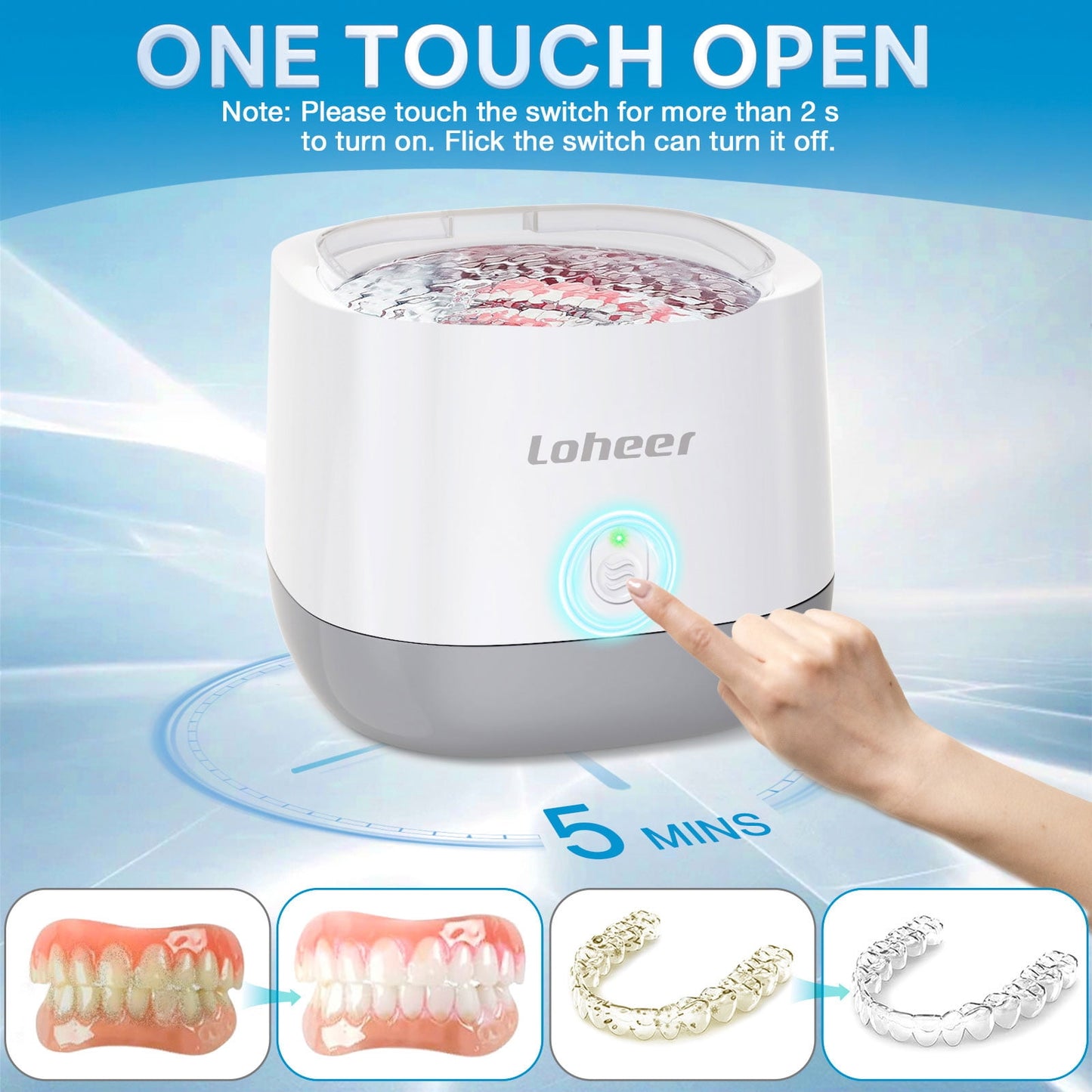 Loheer Ultrasonic Retainer Cleaner 45kHz, 250ML Retainer Cleaner Machine for Denture, Mouth Guard, Aligner